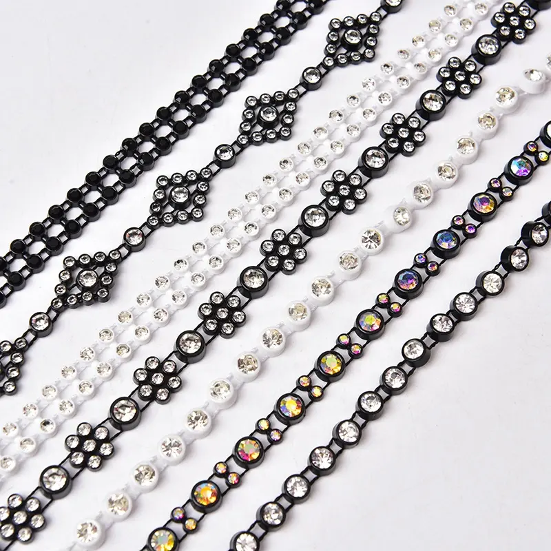 Adorno de diamantes de imitación de fábrica, banda de Cristal AB, cadena de piedra de plástico blanco y negro, cinta redonda para coser en accesorios Diy