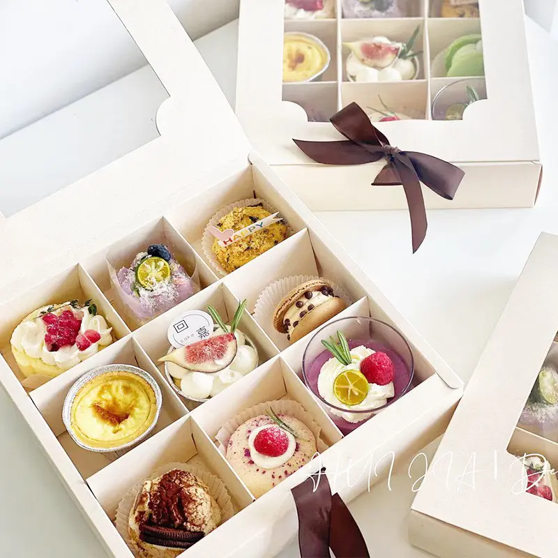 Boîte cadeau en papier personnalisée à 9 séparateurs pour pain, gâteau, bonbons, macaron, beignets, dessert, avec fenêtre transparente, couvercle et ruban