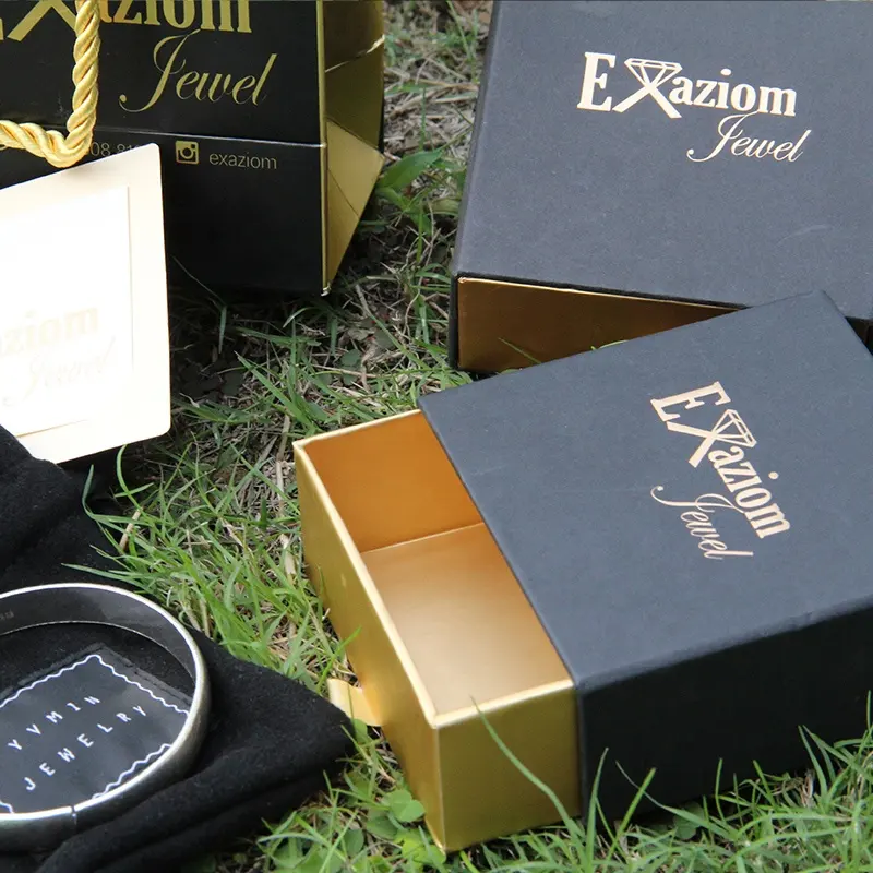 Caja de lujo con logotipo personalizado para joyería, Cajón Negro con logotipo de estampado dorado, bolsa de joyería, cajón deslizante para joyería