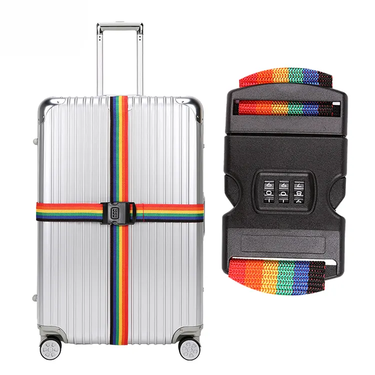 TravelskyสีสันWebbing Cross Rainbowปรับได้กระเป๋าเดินทางสายรัดกระเป๋าเดินทางTSAหนังสือเดินทางล็อค