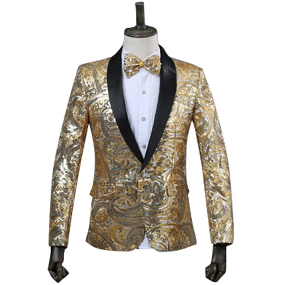Luxus Pailletten Anzug Jacke Herren Pailletten Anzug goldenen Schal Kragen Sänger Bühne Hochzeit Kostüm Mode