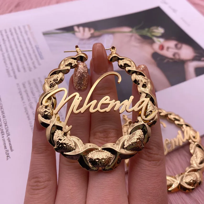 Pendientes de aro grande de acero inoxidable dorado chapado en oro de 18k con nombre personalizado