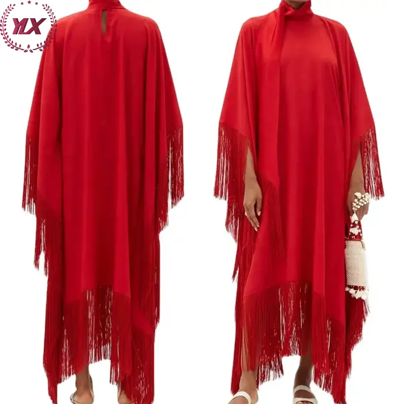 2023 musim panas baru elegan sederhana jubah leher tinggi lengan panjang rumbai Detail gaun untuk wanita mewah merah Crepe Kaftan