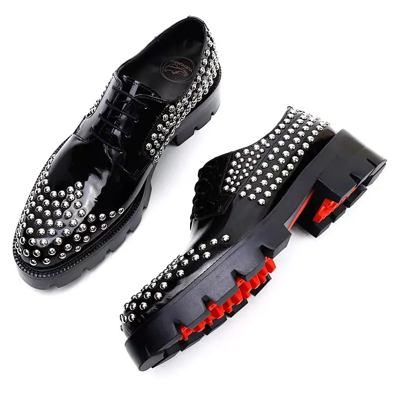 Pdep sapatos de luxo masculinos em couro legítimo, fundo vermelho com rebite, sapatos robustos de amarrar, altura crescente