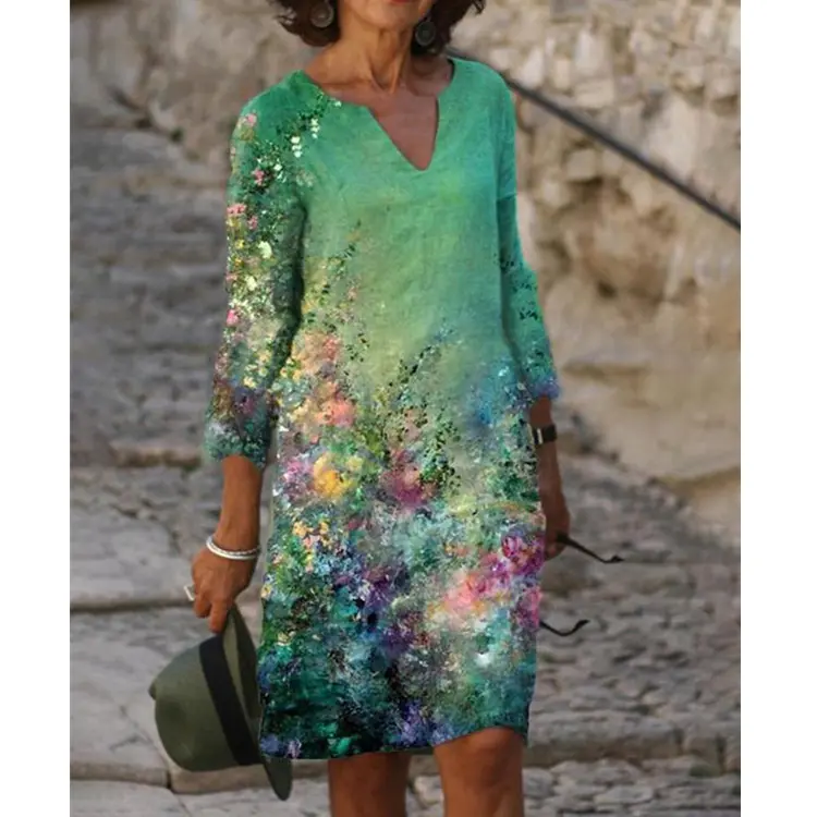 Neujahr Frühling Damen lockeres Vintage-Rüschenkleid Sommer groß groß bedruckt Boho lässig Party elegante Kleider