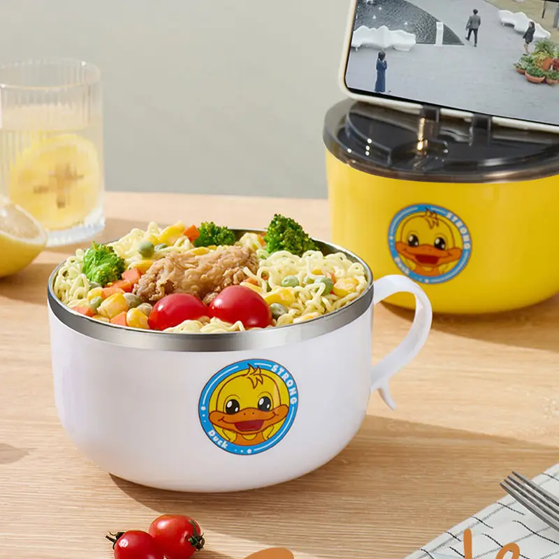 Fabrik Großhandel 304 Edelstahl Instant-Nudel Kunststoff Fruchtsalat-Mischbecken Servierschüssel mit Deckel und Griff