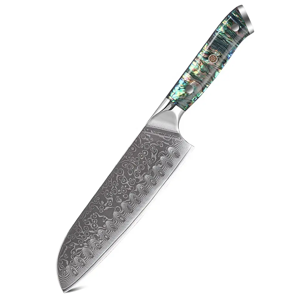 سكين سانتوكو ياباني من الفولاذ الدمشقي الحاد، لشركة الشيفات، بمقبض من قماش الابالون