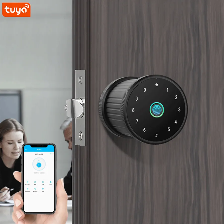 Ponsel pintar Tuya, telepon pintar Online nomor sidik jari kombinasi kata sandi kantor bulat silinder kunci pintu dengan kunci