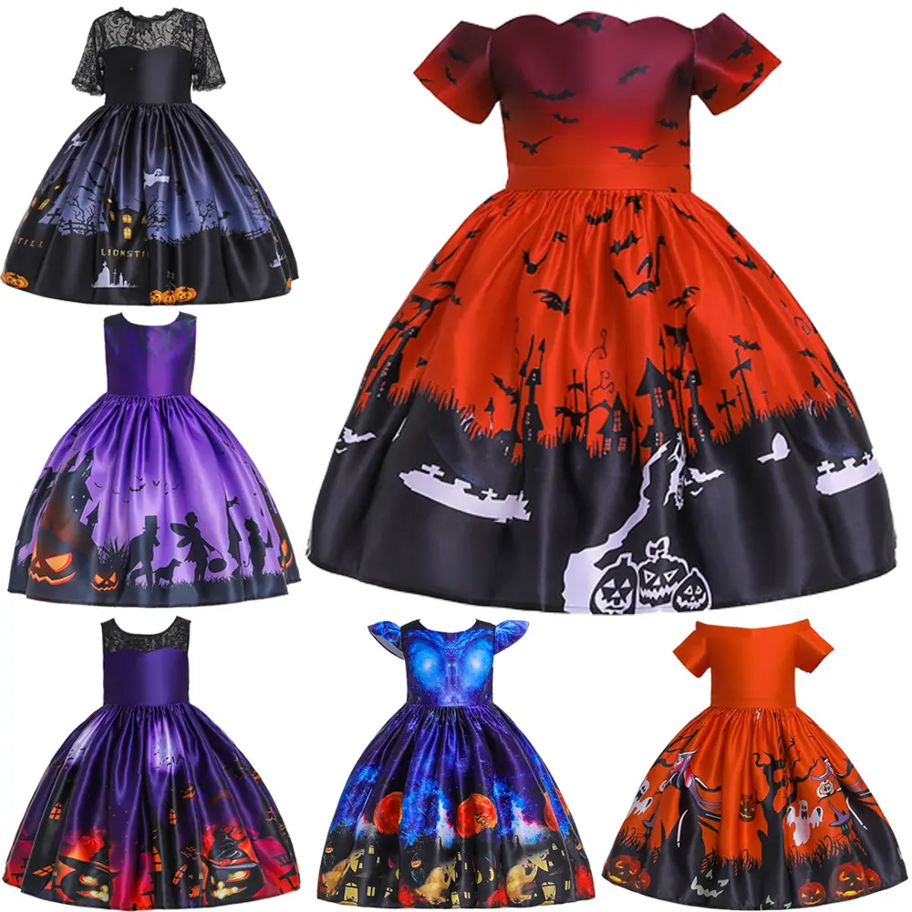 Mädchen Halloween Kleid Lustige Kürbis gedruckt Urlaub Skater Kleider 3-14 Jahre