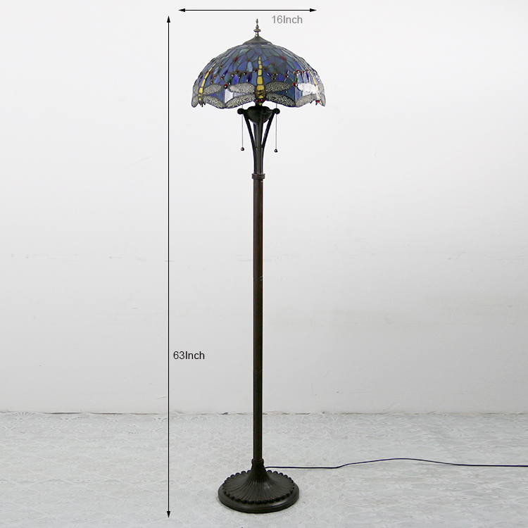 LongHuiJing Dragonfly Tiffany Styled Floor Lamp 16 inch Wide 2-Light Double Chains Stained Glass Shade Antique Base Decor Lights