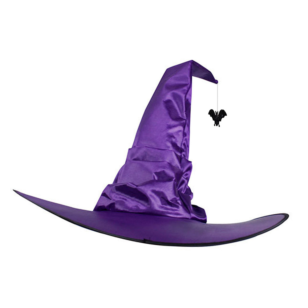 Chapeau plissé violet avec motif chauve-souris.