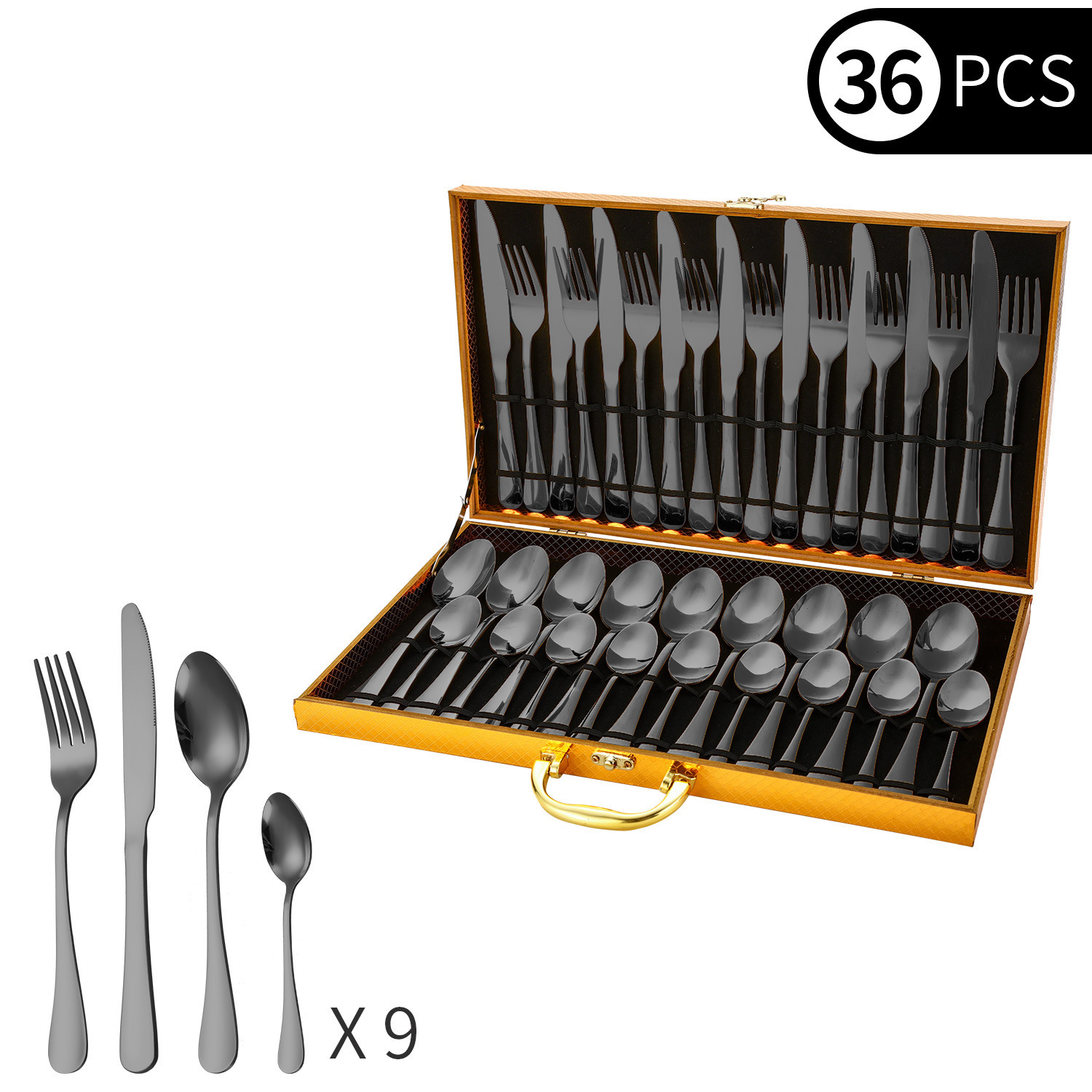 Juego de 36 piezas de negro de humo, caja de madera dorada