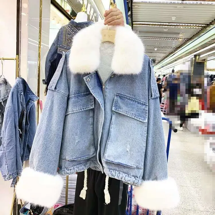 सर्दियों गर्म ढीला बड़े जेब फर कॉलर जैकेट गद्देदार डेनिम फर कोट महिलाओं