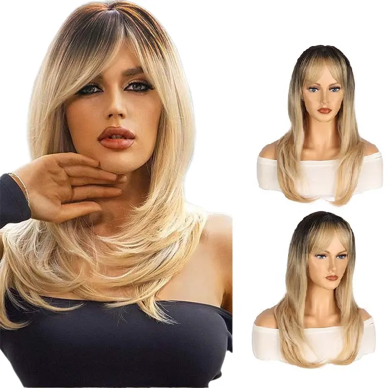 Parrucca sintetica in oro grigio rosa sfumato dritto di seta di vendita calda con frangia laterale parrucca sintetica completa per capelli in fibra di calore per le donne