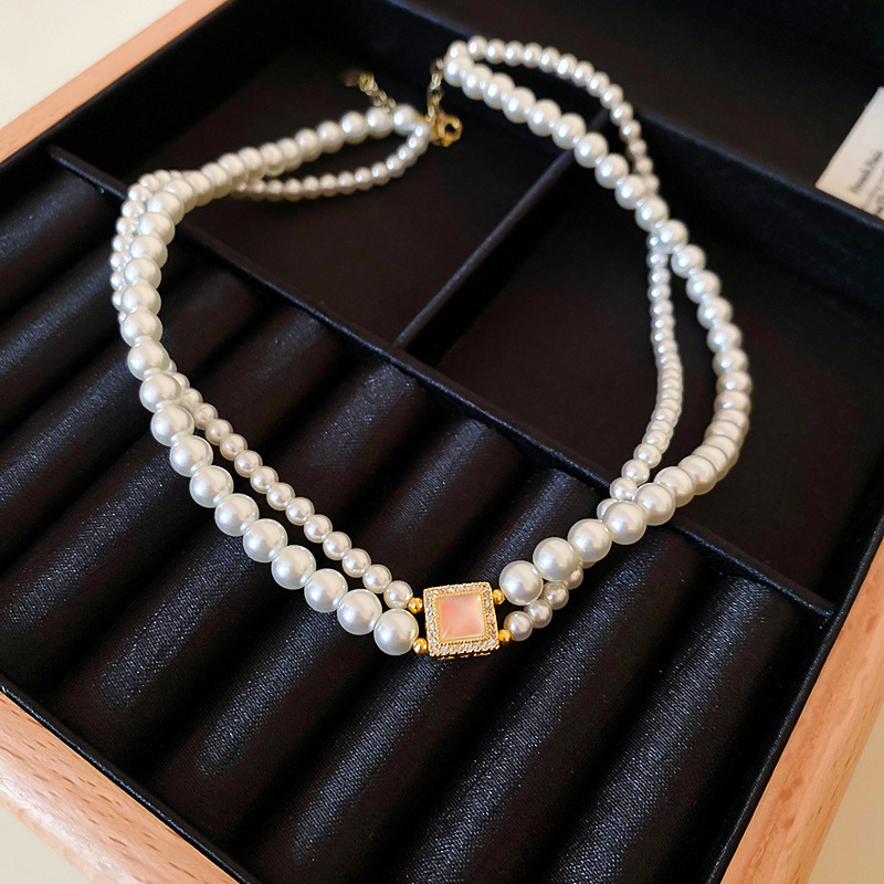 47double-layer pearl zircon necklace-real gold plating