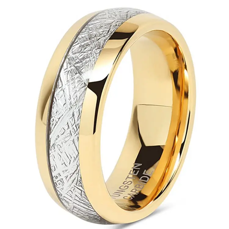 Wholesale fashion luxury 18K gold plated favor simple tungsten meteorite ring men 8mm