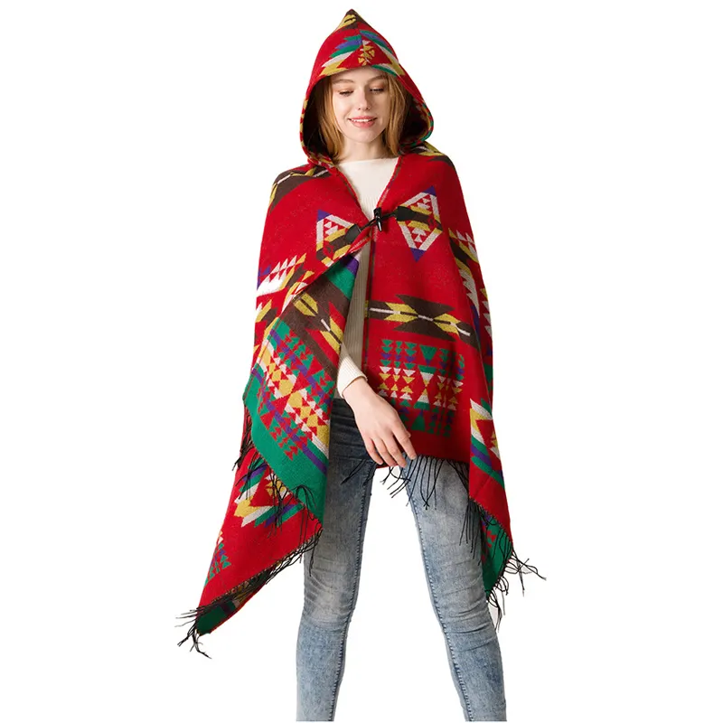 Cape femme design classique grande taille hiver épais châles tricotés cape poncho acrylique avec chapeau