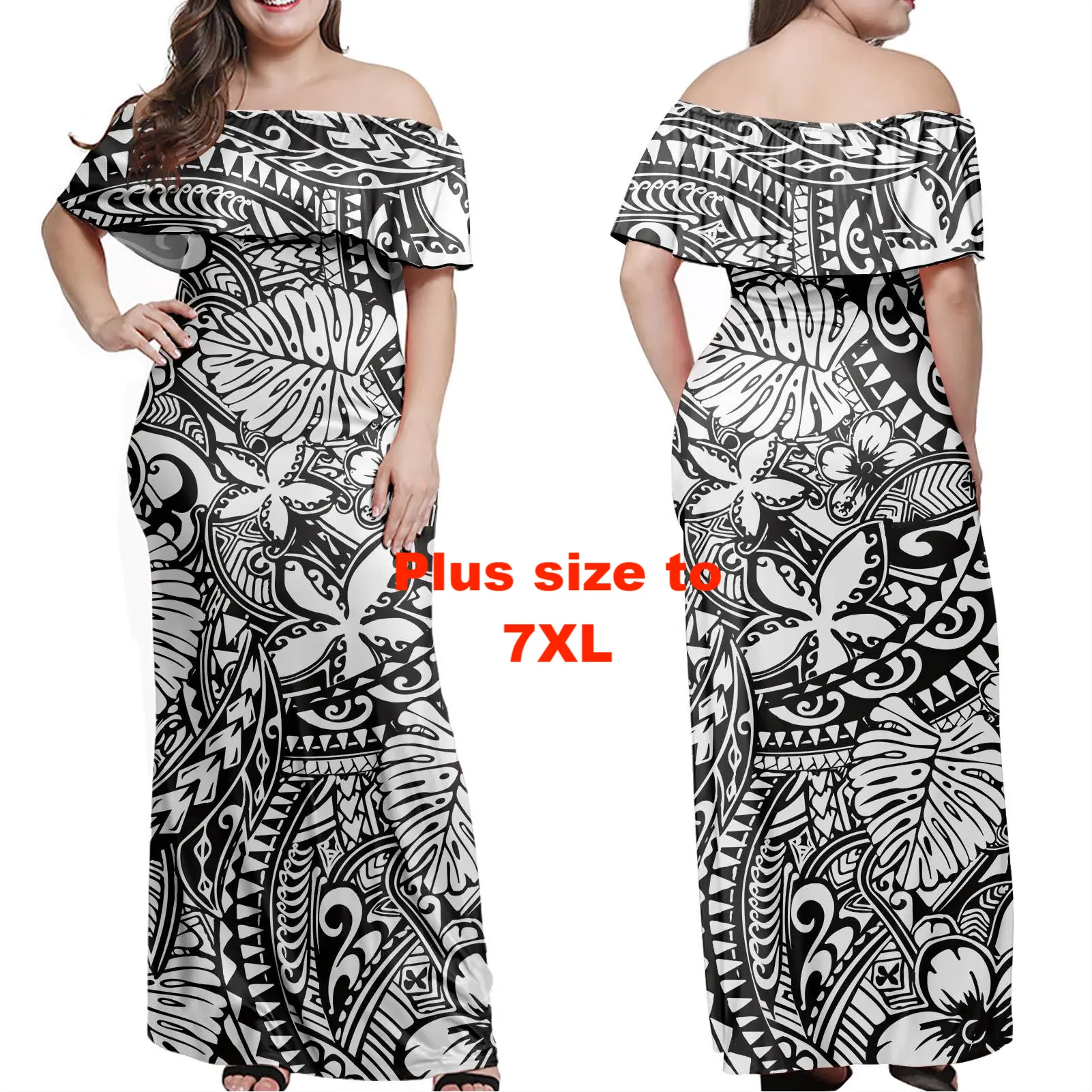 Vestido largo de volantes Tribal polinesiano para mujer, vestidos largos sin mangas de un hombro, novedad de 2021