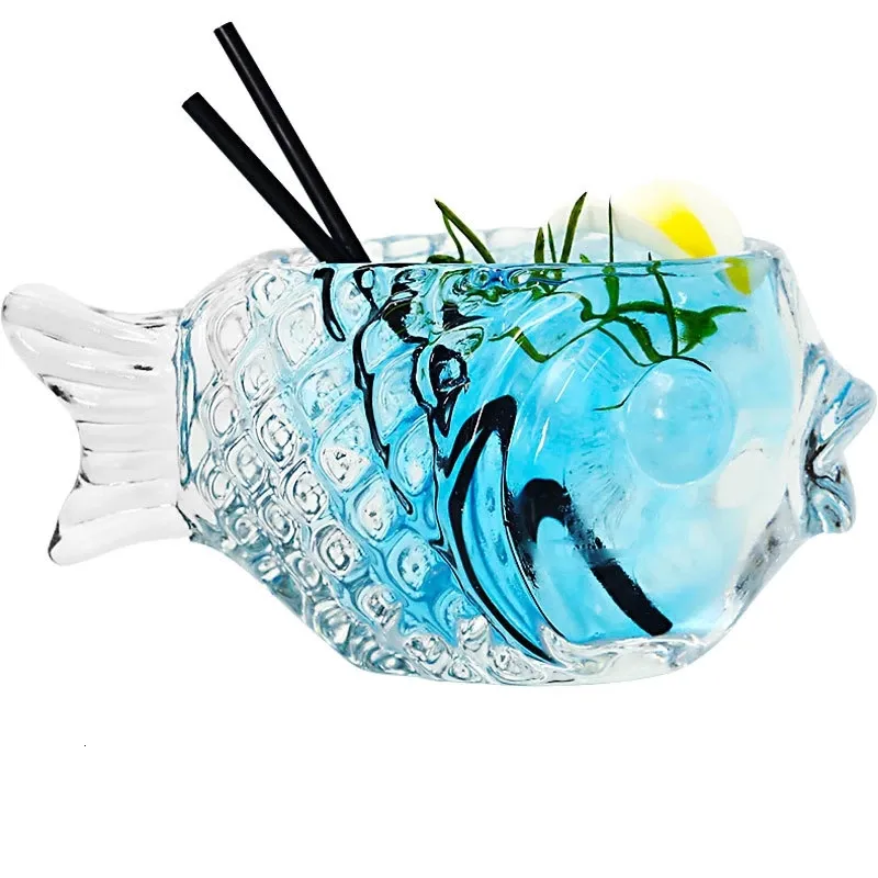Cuenco transparente 3D creativo en forma de pez para cóctel, vaso grueso para batidos, taza para bebidas frías, Tiki