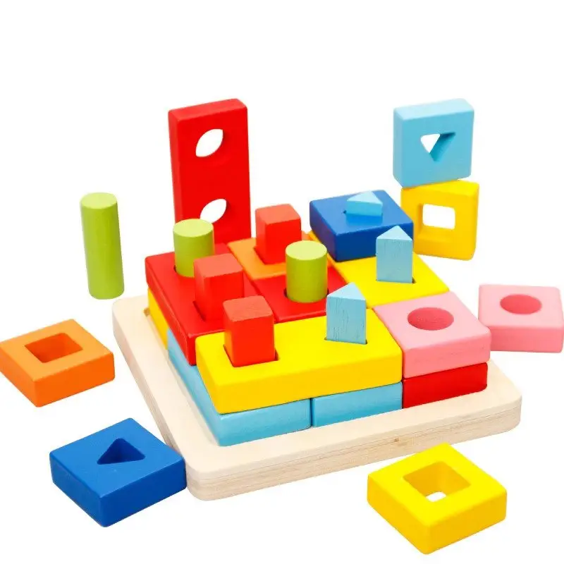 Bloques de construcción de madera apilamiento geométrico forma colorida rompecabezas 3D juegos de juguetes educativos para niños