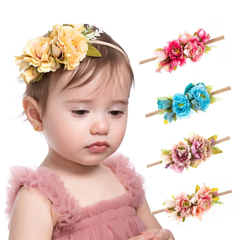 Bandeaux en Nylon pour nouveau-né, fleur artificielle, nœuds de cheveux élastiques, bandeaux souples pour nourrissons et tout-petits M3178