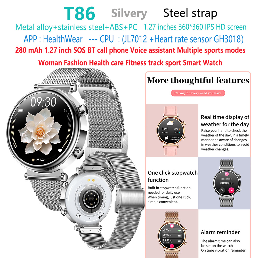 montre intelligente argent T86-femme-santé-mode-dame