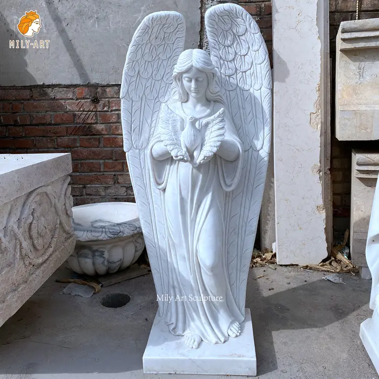 Statua di angelo in marmo bianco di dimensioni reali all'aperto all'ingrosso con grandi ali