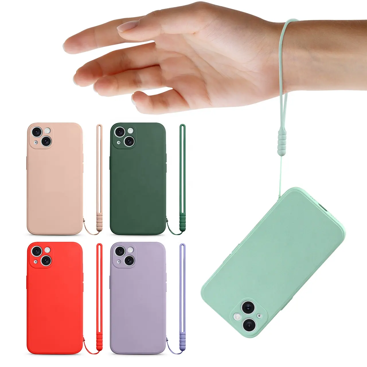 Cuerda anticaída de silicona iPhone15 14, funda móvil con agarre de pulsera para Apple iPhone 15 Pro Max, funda de silicona líquida para teléfono, correa de muñeca