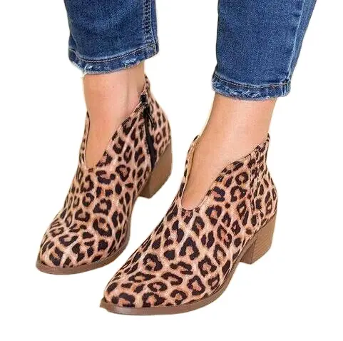 V profunda de la señora de tacón alto zapatos de cuero de leopardo botas vestido fiesta vestido invierno tobillo botas