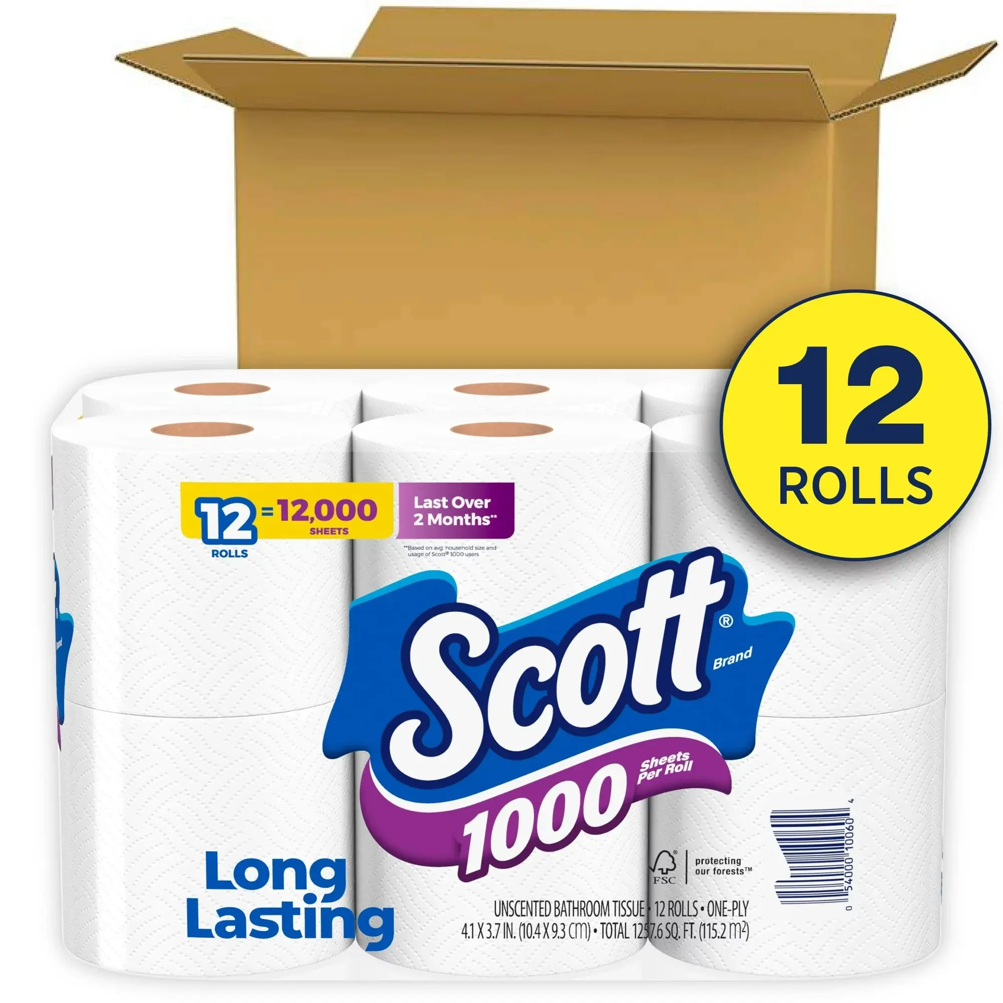 Туалетная бумага Scott 1000, 12 рулонов, 1000 листов в рулоне (Всего 12000 листов)