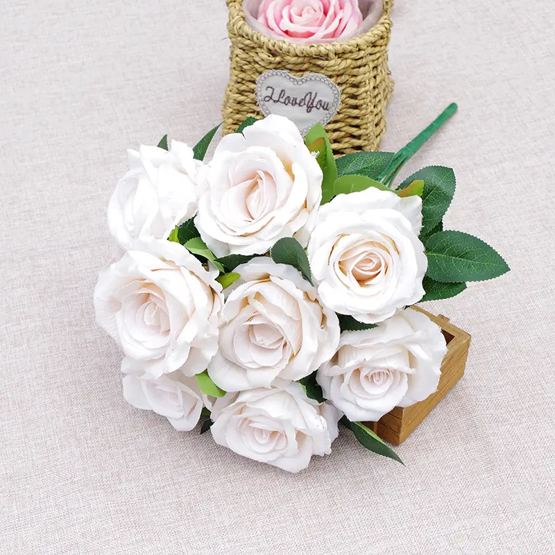 9 सिर सफेद फूल कृत्रिम गुलाब के फूल का गुलदस्ता रेशम फूल सजावट शादी के फूल