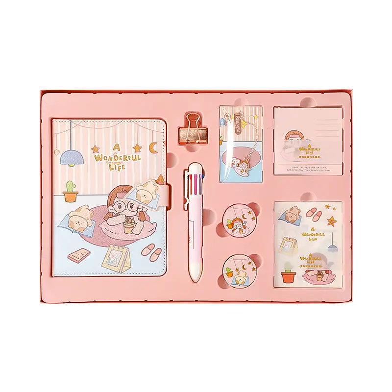 Cartoon Hand Account Notebook Set Meisje Kleur Balpen Washi Tape Pu Lederen Dagboek Kind School Briefpapier Pak Voorraad