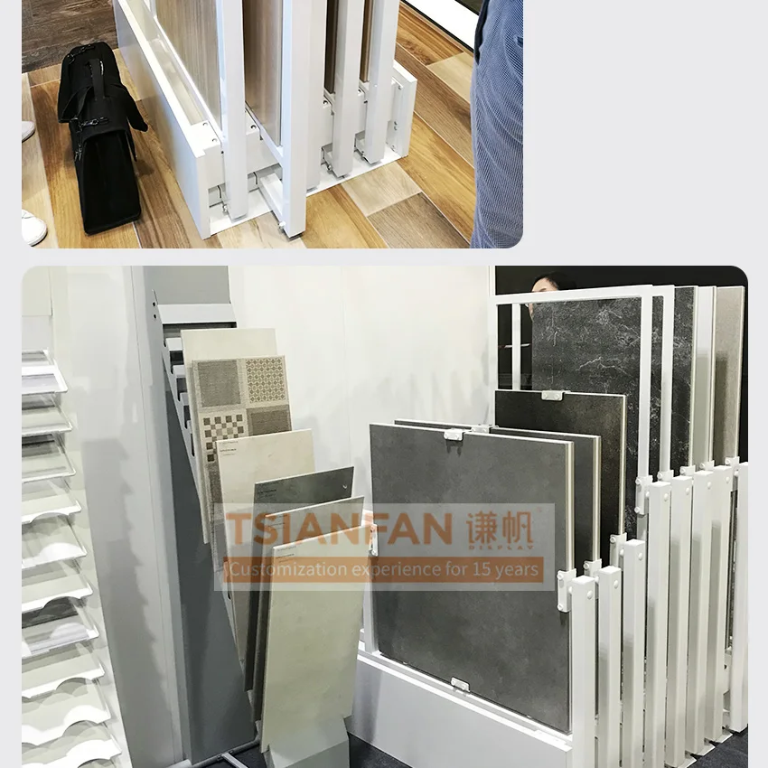 Customized Engineered Type Special Wood Flooring Metal Hardwood Display Rack With Spin Panels Oak Wooden Floors Display Stand