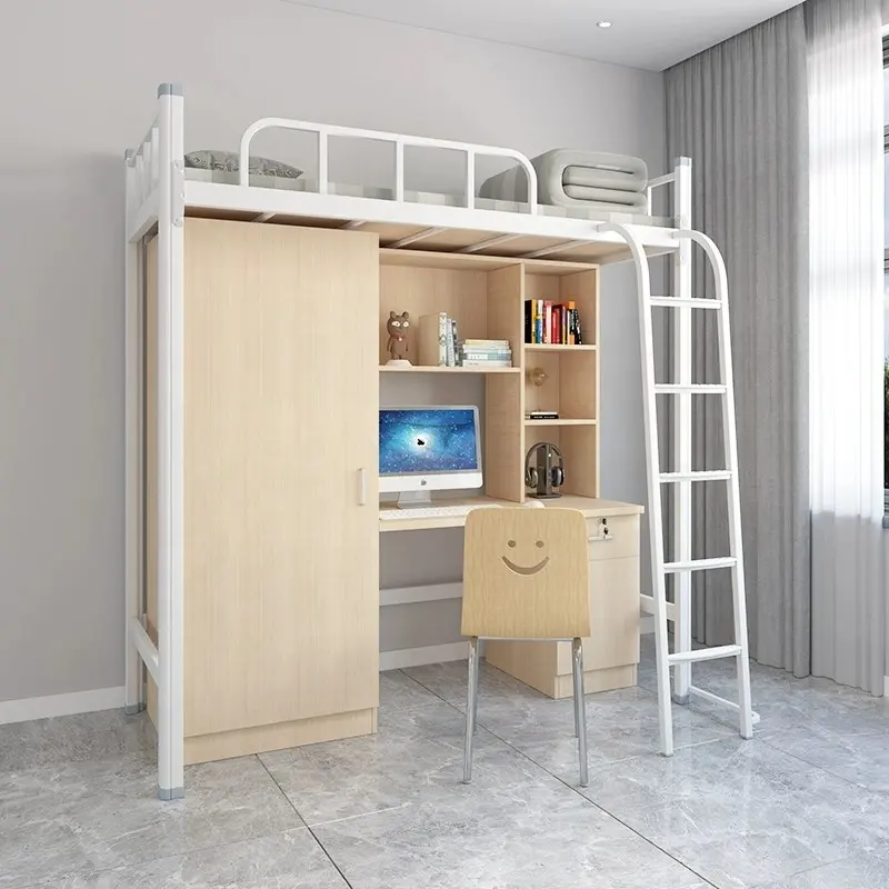 Muebles de dormitorio para niños, niños, universidad, loft de madera para adultos, litera con escaleras, escritorio, almacenamiento debajo