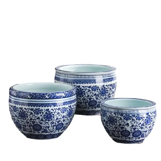 Jingdezhen-macetas de cerámica hechas a mano para el hogar, accesorios de escritorio para macetas, pecera, color azul y blanco, China