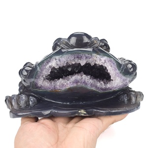 Doğal el oyma gerçekçi akik ametist Geode Feng shui kristal oyma şanslı para kurbağa kurbağa - Product Image 4