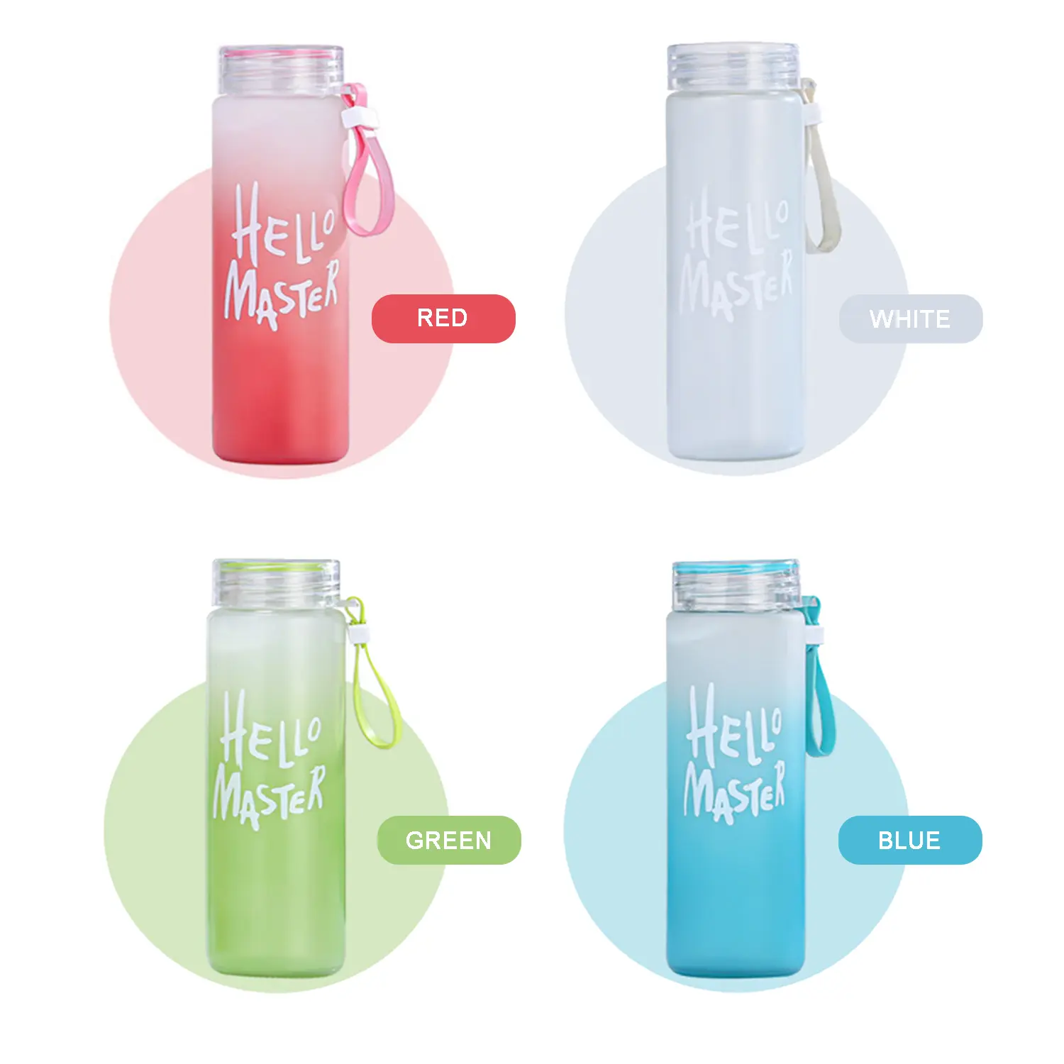 Botol air kaca buram kreatif hello master, gaya panjang 400ml harga rendah warna-warni dengan kotak warna