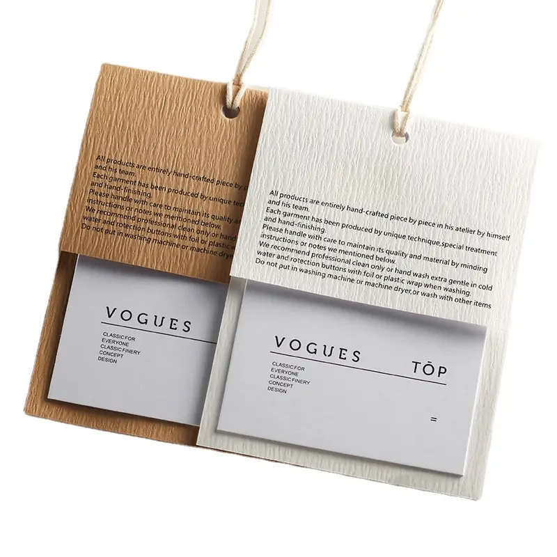 कम MOQ थोक कस्टम डिजाइन मुद्रण कपड़े कागज टैग परिधान सामान स्विंग लटका टैग स्ट्रिंग के साथ सस्ते कपड़े टैग