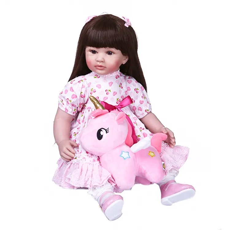 Original NPK 60CM lebensechte wieder geborene Kleinkind Mädchen Prinzessin Puppe in rosa Kleid mit Spielzeug schönes Lächeln Gesicht Baby Geburtstags geschenk