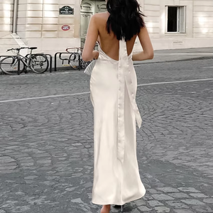 Yaz Backless dantel-up Vintage parti yarık bayanlar elbiseler moda seksi bej elbiseler kadınlar zarif Halter saten elbise
