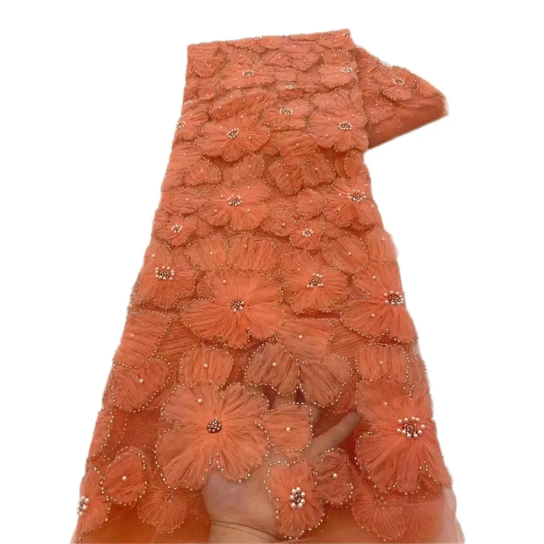 2023 lusso in rilievo 3D chiffon floreale paillettes maglia tessuto di pizzo ricamo fiore ragazza vestito TULLE pizzo tessuto materiale