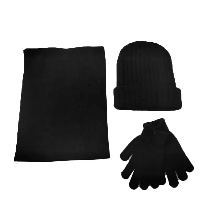หมวกผ้าพันคอคริลิคถุงมือฤดูหนาวชุดสีดำที่กำหนดเองสีขายส่งฤดูหนาวชุด