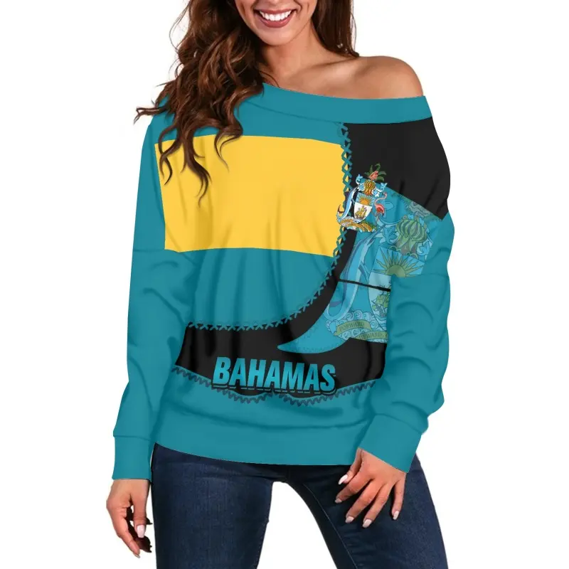 Chemisier personnalisé à épaules inclinées et drapeau des Bahamas haut imprimé à la demande chemise décontractée pour femmes sublimation chemisier Bahamas Design