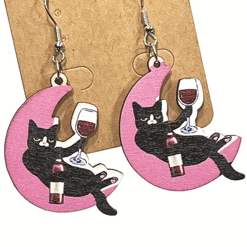 ปาร์ตี้ไวน์สร้างสรรค์ดื่มแมวเชียร์ต่างหูไม้คนรักไวน์วินเทจต่างหูรูปไวน์แฮนด์เมด