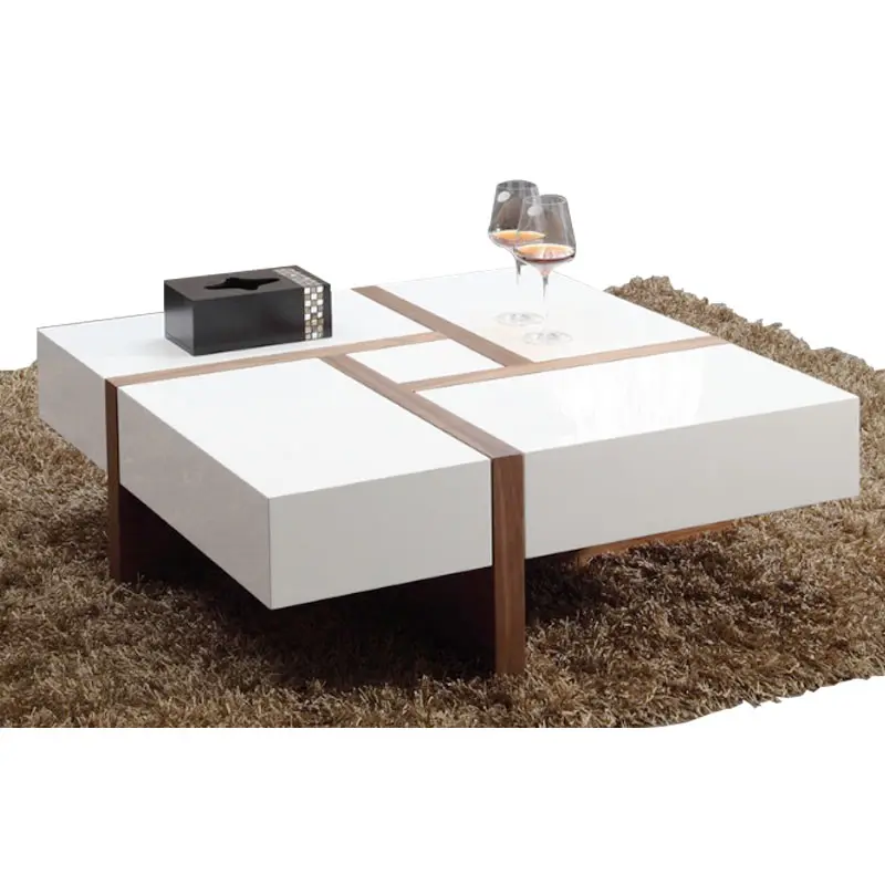 Table basse ou de thé carrée blanche en noyer, nouveau modèle moderne bon marché, 4 pieds