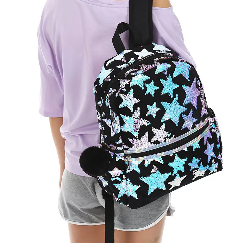 Novo Estilo Moda Meninas Pom Pom Extrator do Zipper Holograma Sequin Estrelas Mochila para a Escola