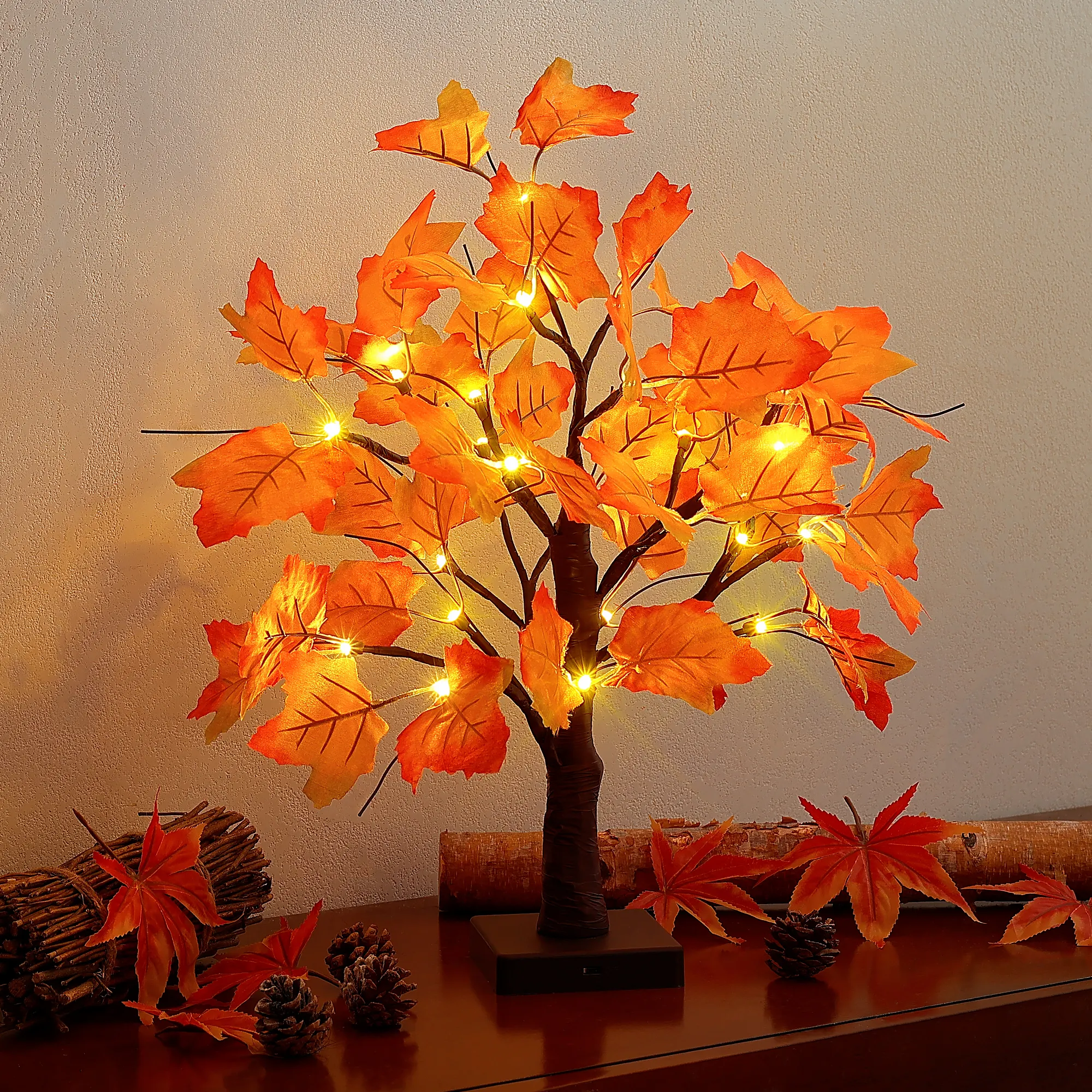 Indoor Outdoor autunno Harvest Home Decor 24 LED decorazioni per il ringraziamento luci da tavolo per albero Bonsai in acero illuminato a caduta artificiale