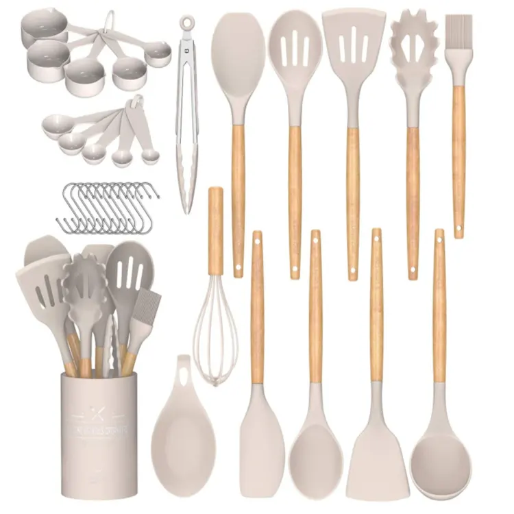 Newell-Mini juego de utensilios de cocina personalizados para bebé, juego de utensilios de cocina de madera, conjunto de soporte de silicona con acero inoxidable