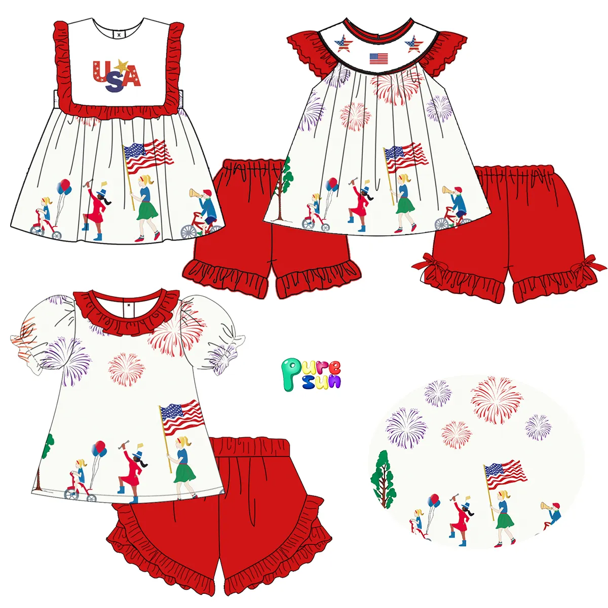 Puresun 낮은 moq 도매 부티크 의류 세트 7 월 4 일 아기 의상 애국 옷 소녀 의류 세트
