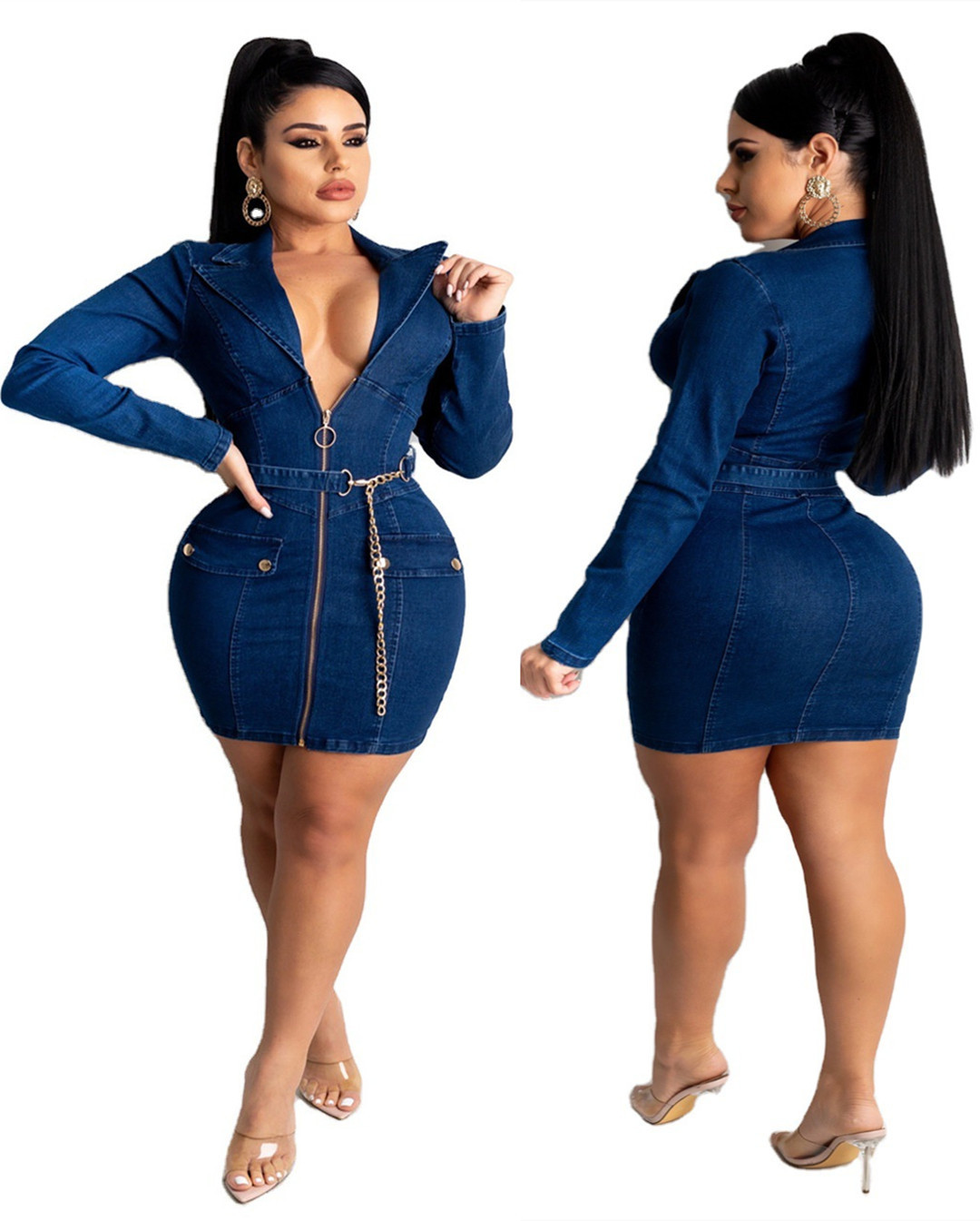 2021 summer new trend denim dress V-neck sexy slim zipper denim skirt